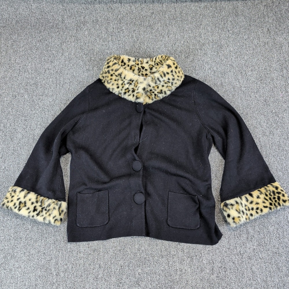 Sharon Young Y2K Glam Leopard Faux Fur Trim Cardigan Women Large Black Knit